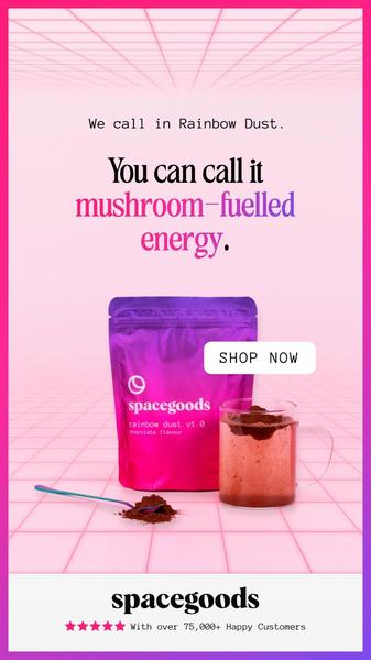 A 9:16 vertical social ad showcasing a bag of mushroom-infused energy powder alongside a prepared glass and spoon against a grid background.